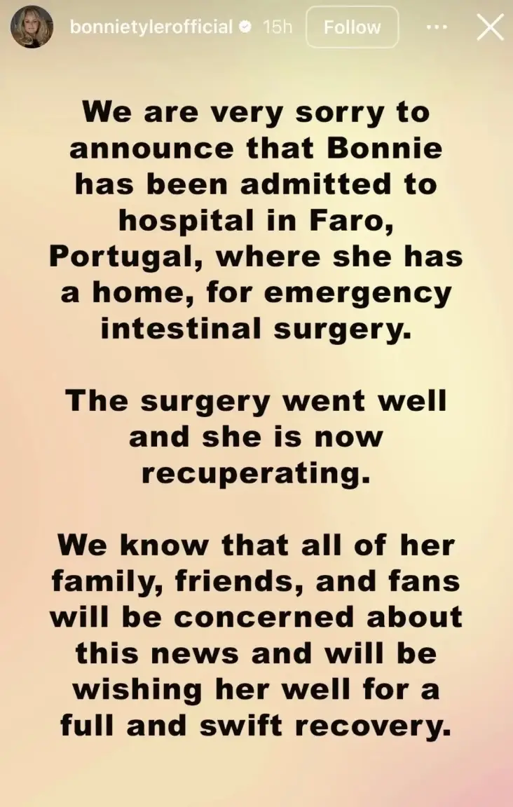 A statement shared to her social media accounts earlier this week informed fans of her health issues (Instagram/@bonnietylerofficial)