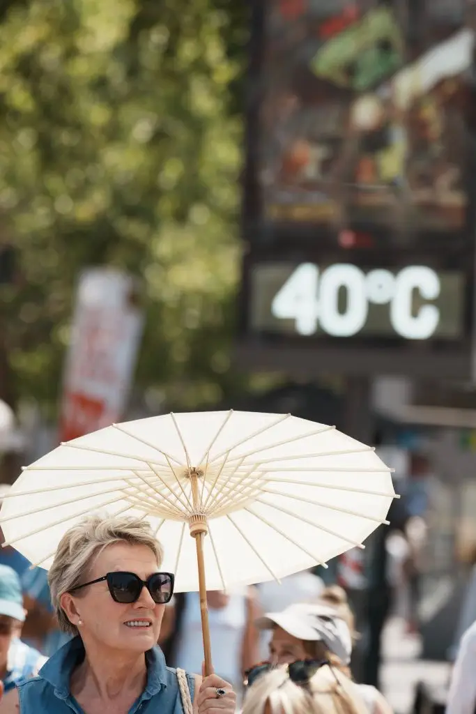 A woman taking shade using an umbrella in Madrid during the heatwave of the 2023 summer (Bilbao/Europa Press via Getty Images)