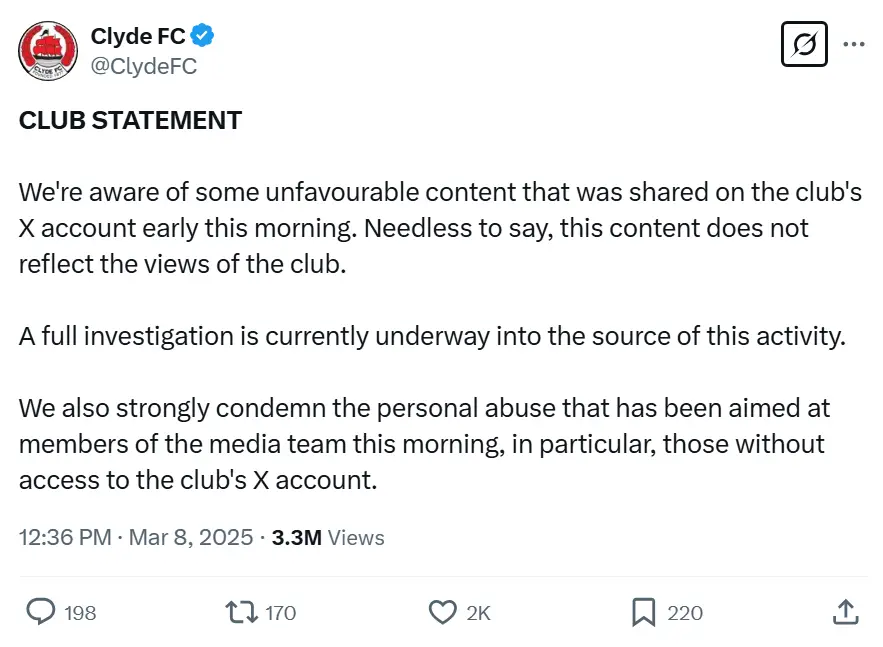Clyde FC said they were investigating how this happened (X/@ClydeFC)