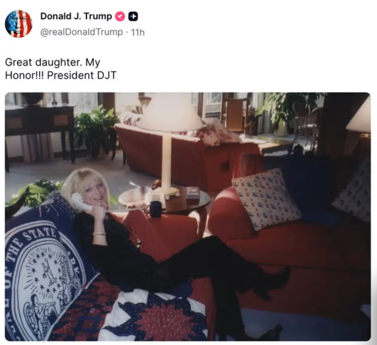 Donald Trump praised his 'great daughter' on Truth Social, but it was neither Tiffany or Ivanka (Truth Social/@realDonaldTrump)