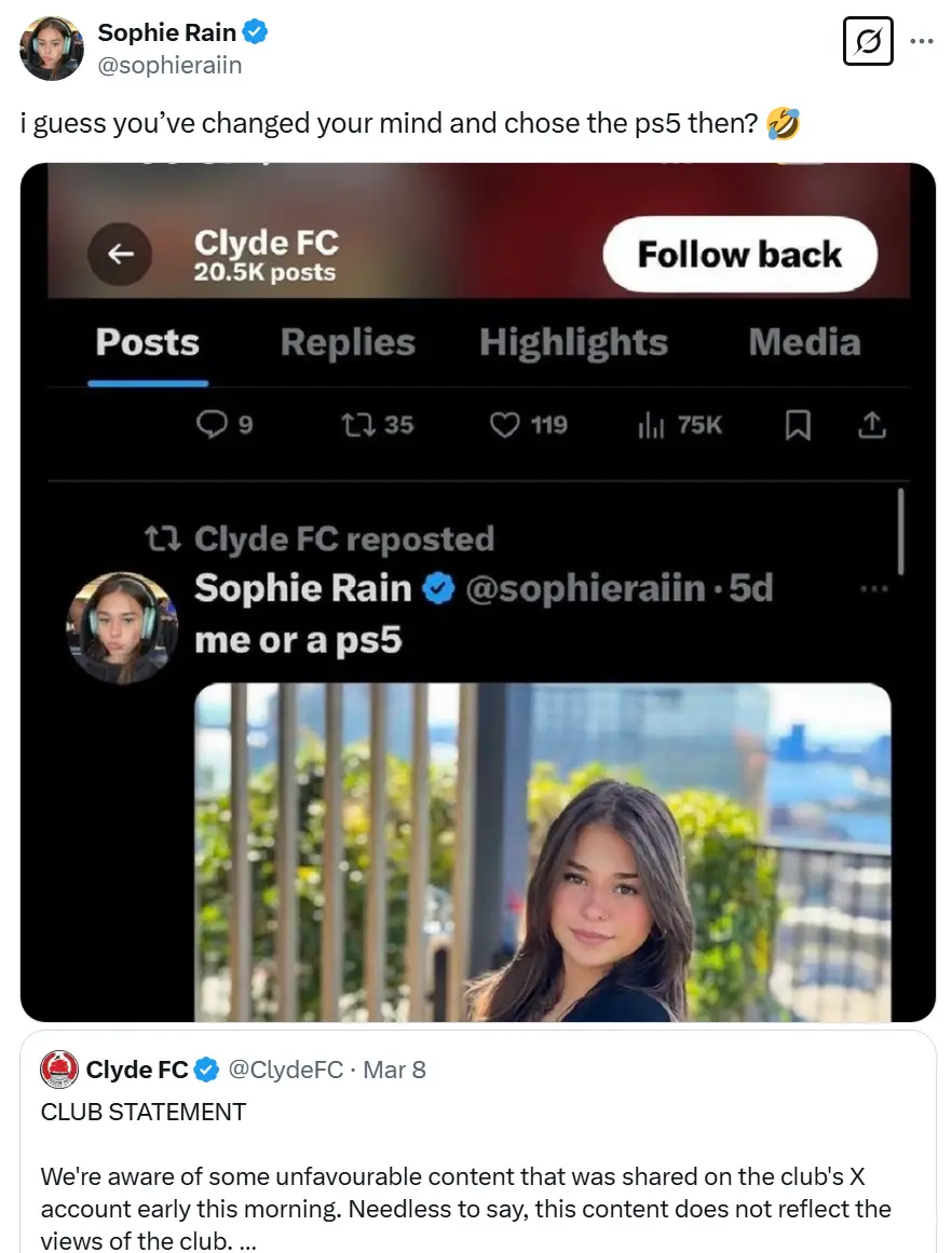 The OnlyFans model poked fun at the club (X/@sophieraiin)