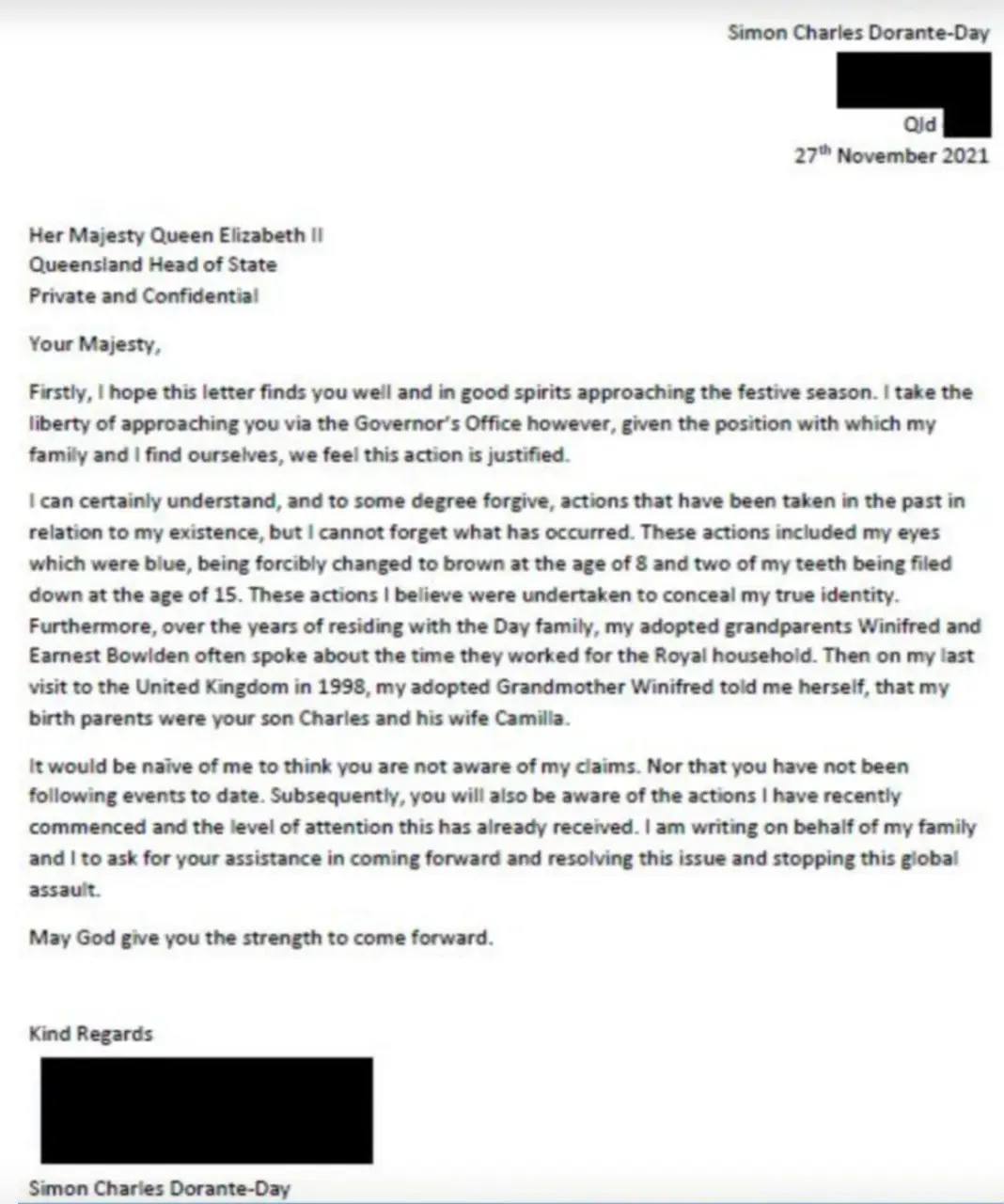 Simon's last letter to the Queen.