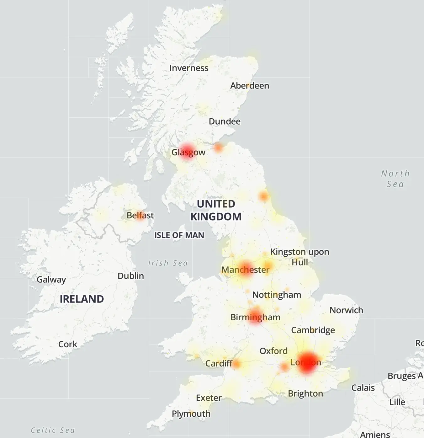 All the areas reporting issues with X (Downdetector)