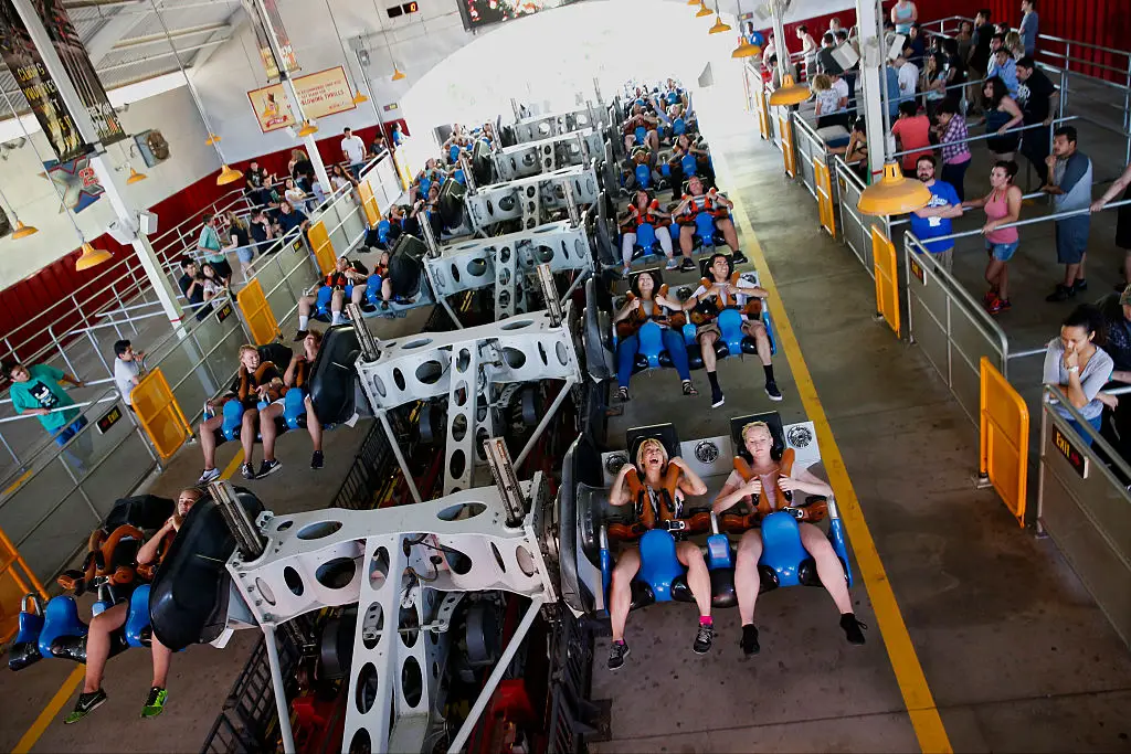 Passengers on the X2 rollercoaster, which is currently closed (Patrick T. Fallon/Bloomberg via Getty Images)