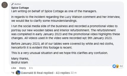 The restaurant was forced to issue a statement over the matter.