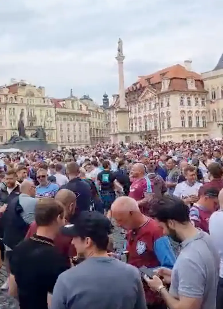 West Ham fans gathering in central Prague earlier today.