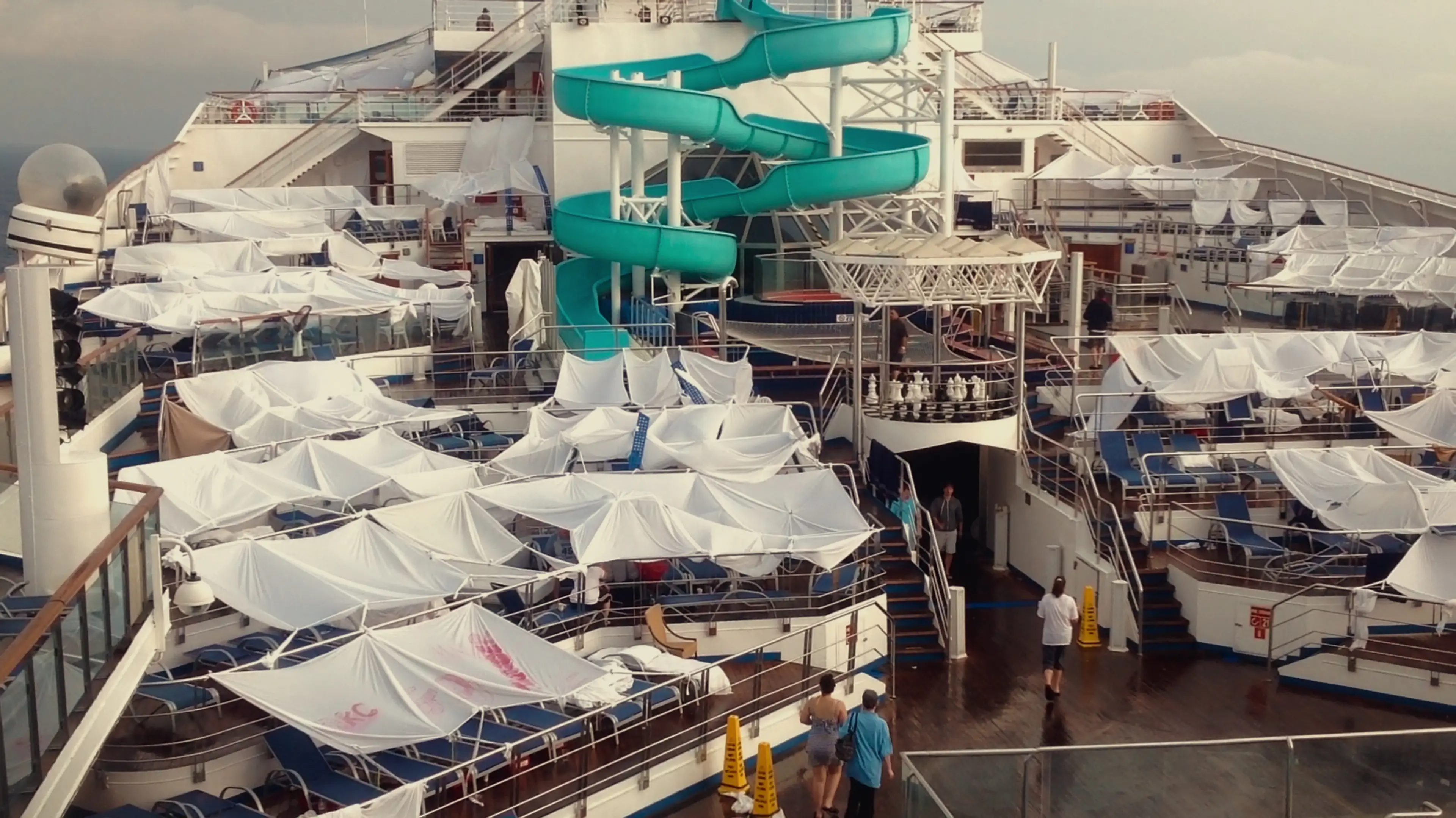 Tent cities were set up due to sewage leaking into rooms on board the ship (Netflix)