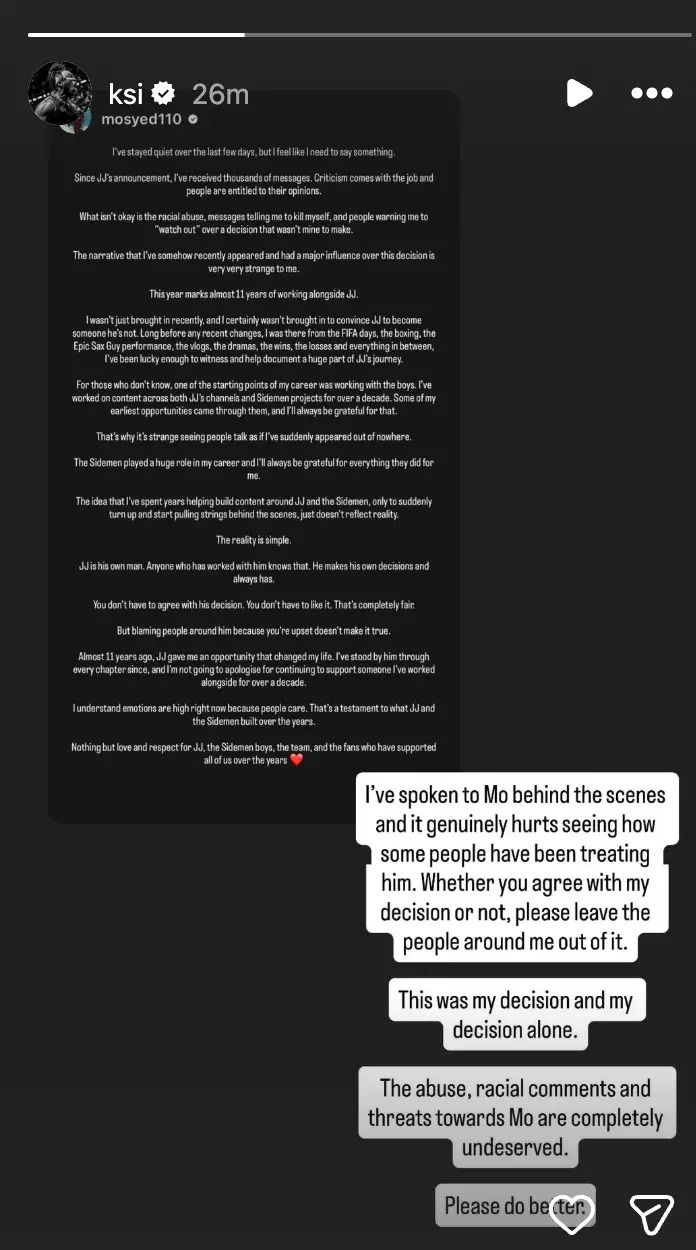 KSI has shared the statement with a message of his own (Instagram/@KSI)