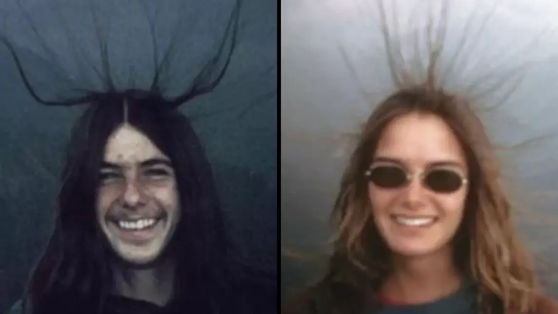 Haunting image shows family grinning with hair standing on end moments before being struck by lightning