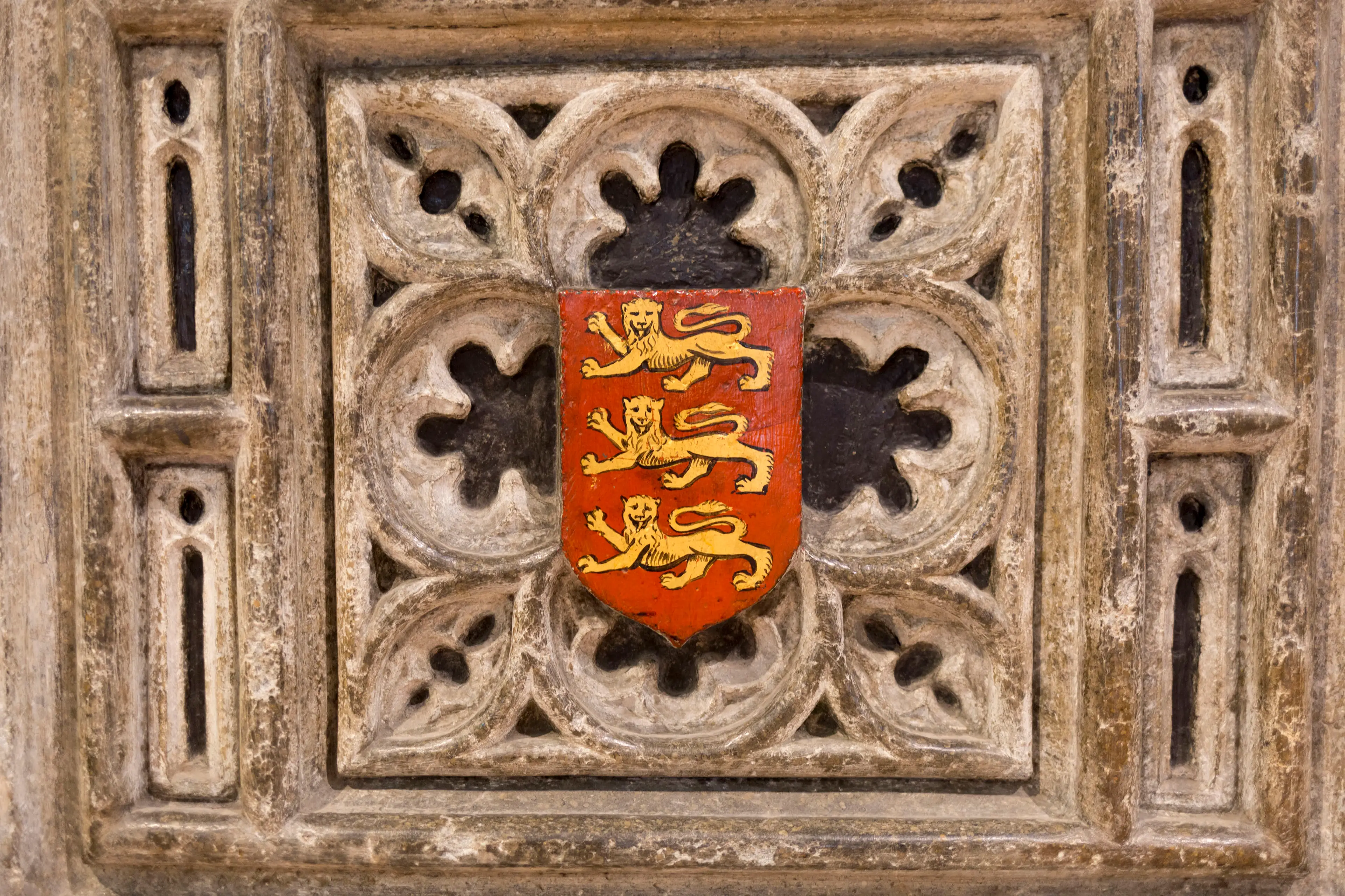 The royal Coat of Arms on King John's tomb, three lions had become the consistent symbol for England during the reign of his older brother Richard. (Richard Baker / In Pictures via Getty Images Images)