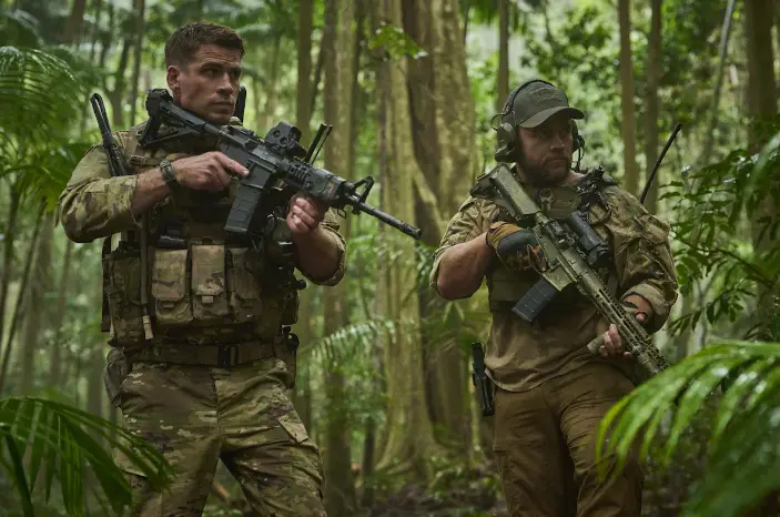 Liam and Luke Hemsworth in Land of Bad. (Variance Films)