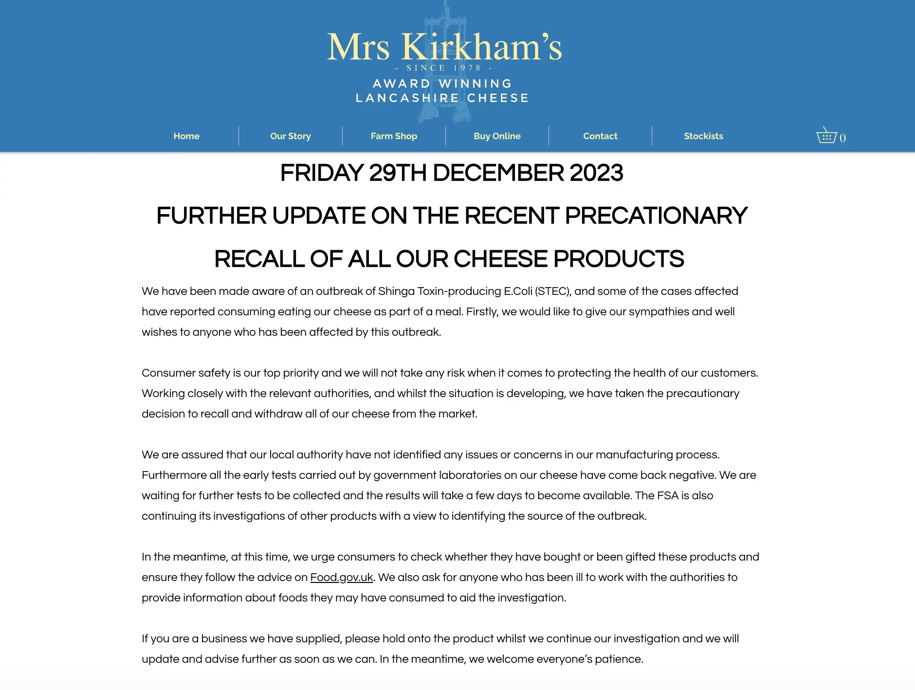 A snippet of the statement released by Mrs Kirkham's Lancashire Cheese.