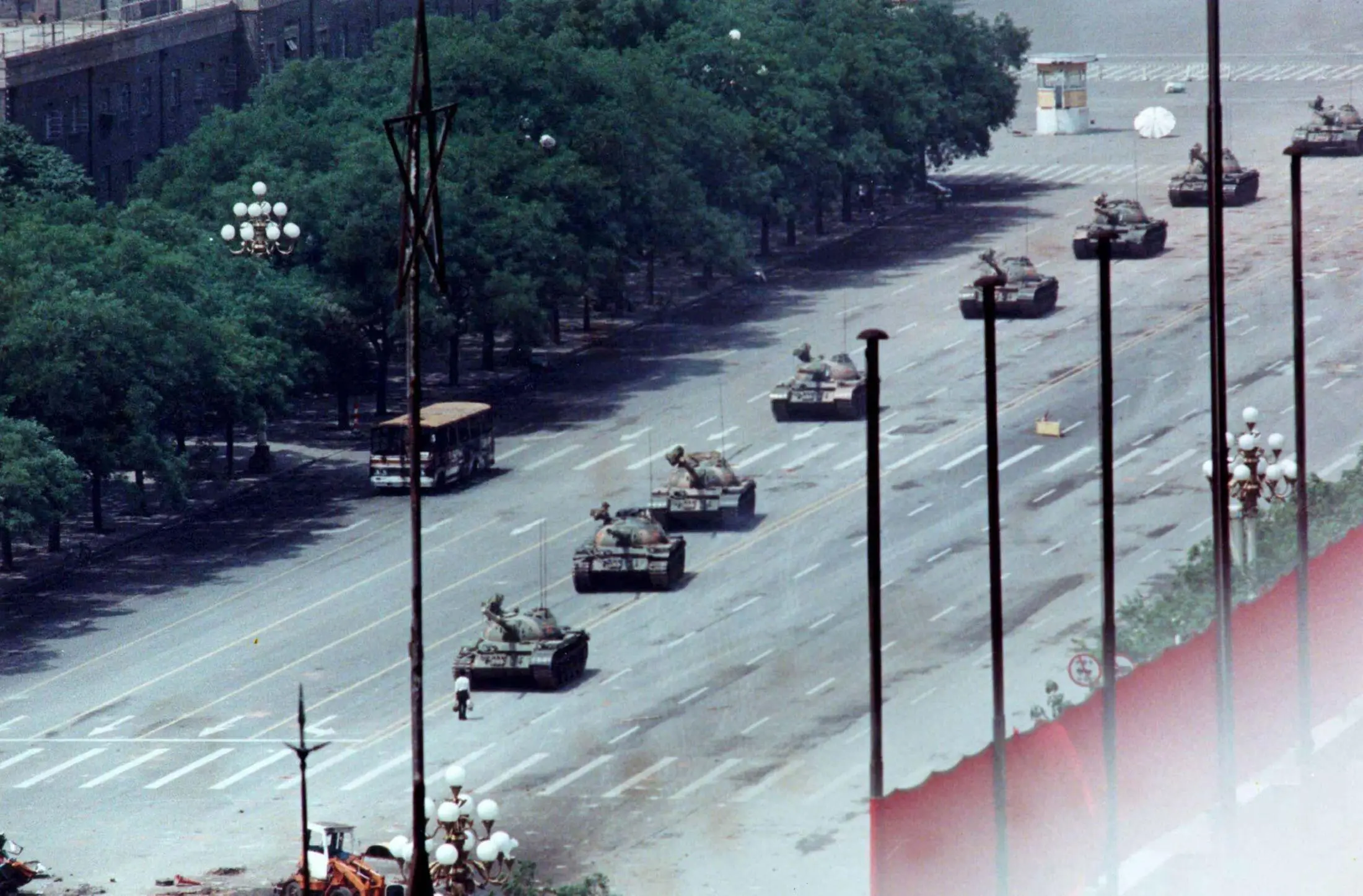 'Tank Man' standing down a line of four Chinese tanks in Beijing’s Tiananmen Square in 1989.