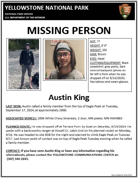 Yellowstone National Park worker Austin King, 22, was last seen on 17 September (NPS/Jacob W. Frank)