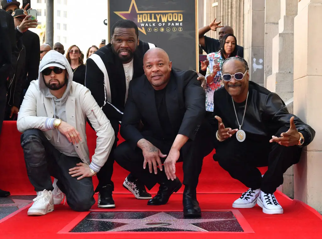 Eminem, 50 Cent, Dr. Dre and Snoop Dogg during the Hollywood Walk of Fame Star ceremony honouring Dre. (VALERIE MACON/AFP via Getty Images)