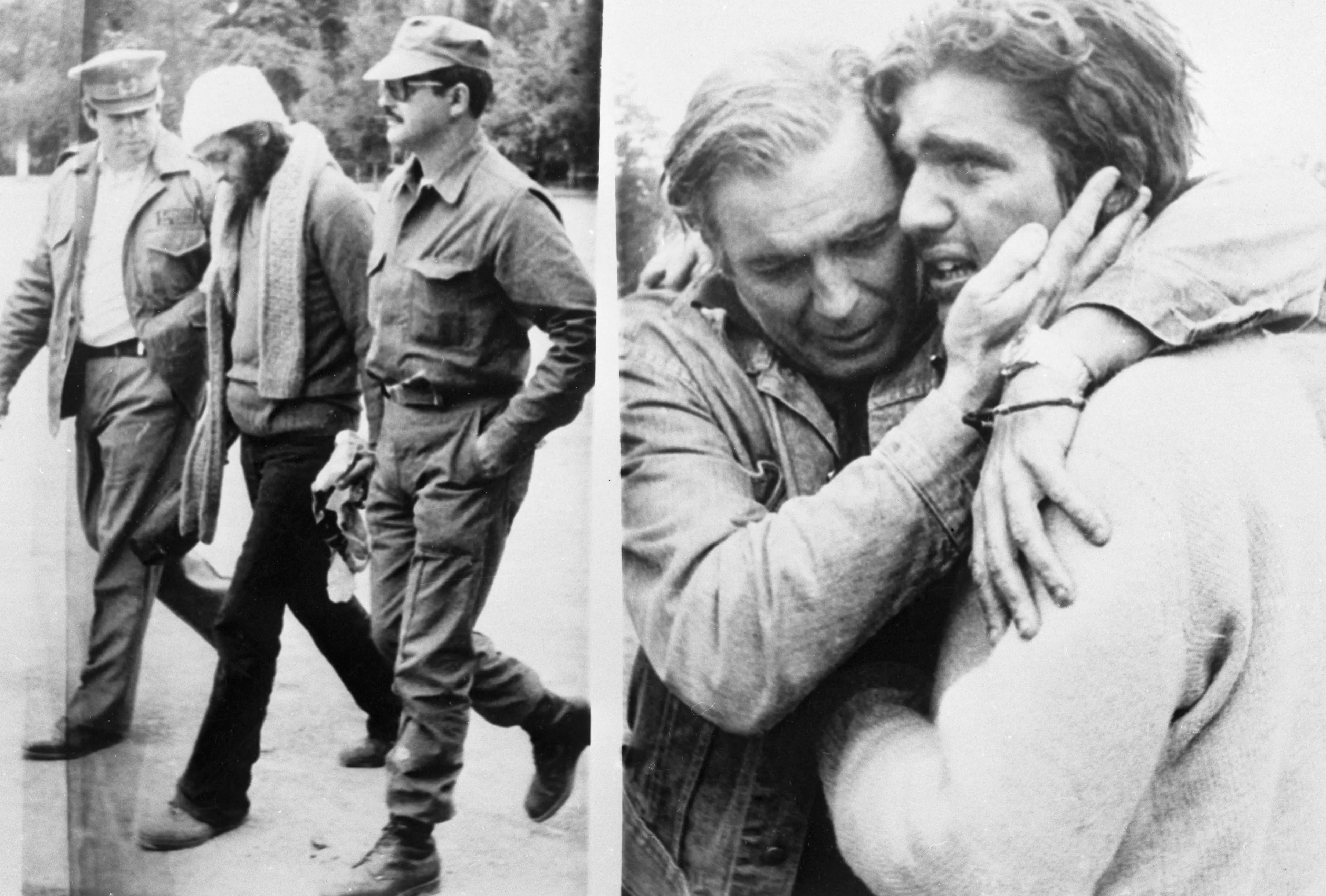 Images of plane crash survivors Fernando Parrado (left photo, centre) being escorted to safety and Carlos Paez (right photo, right) being reunited with his father (Bettmann / Contributor/Getty)
