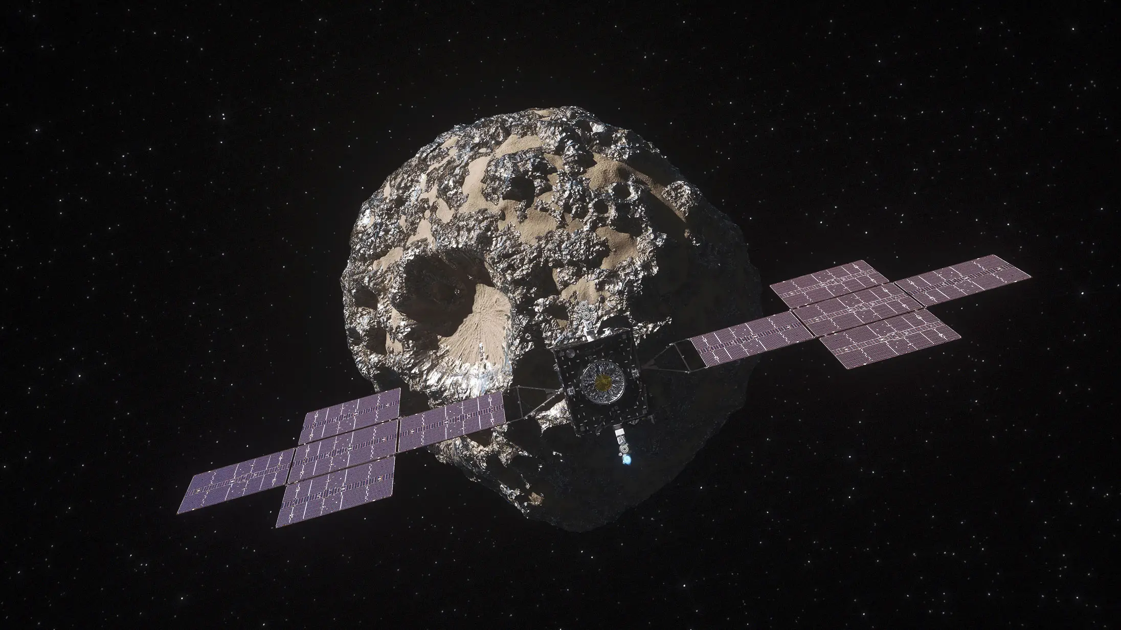 CGI of the Psyche spacecraft on its eventual approach (NASA / JPL-Caltech / ASU)