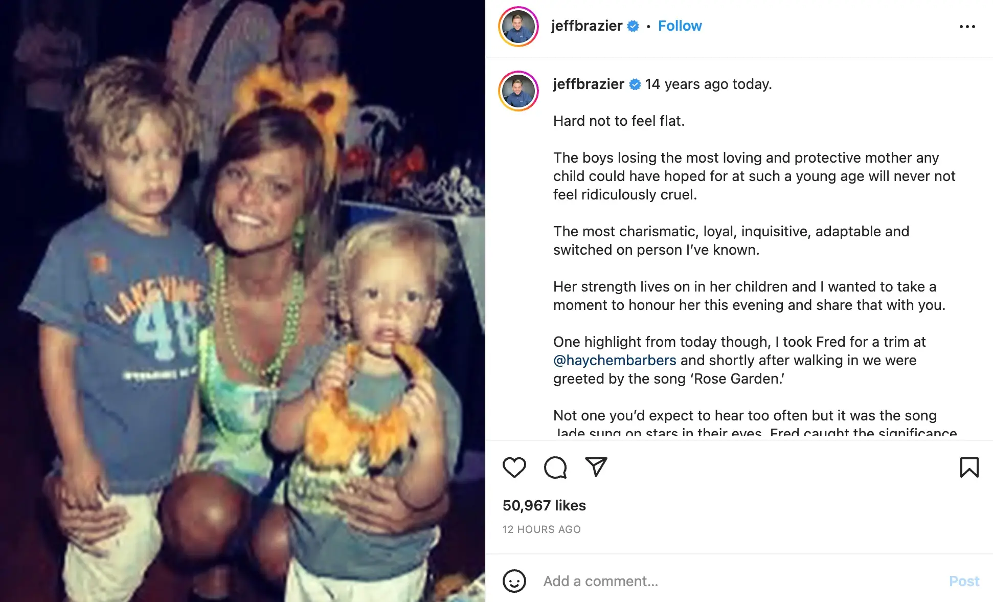 Jeff Brazier shared a touching tribute to the late star.