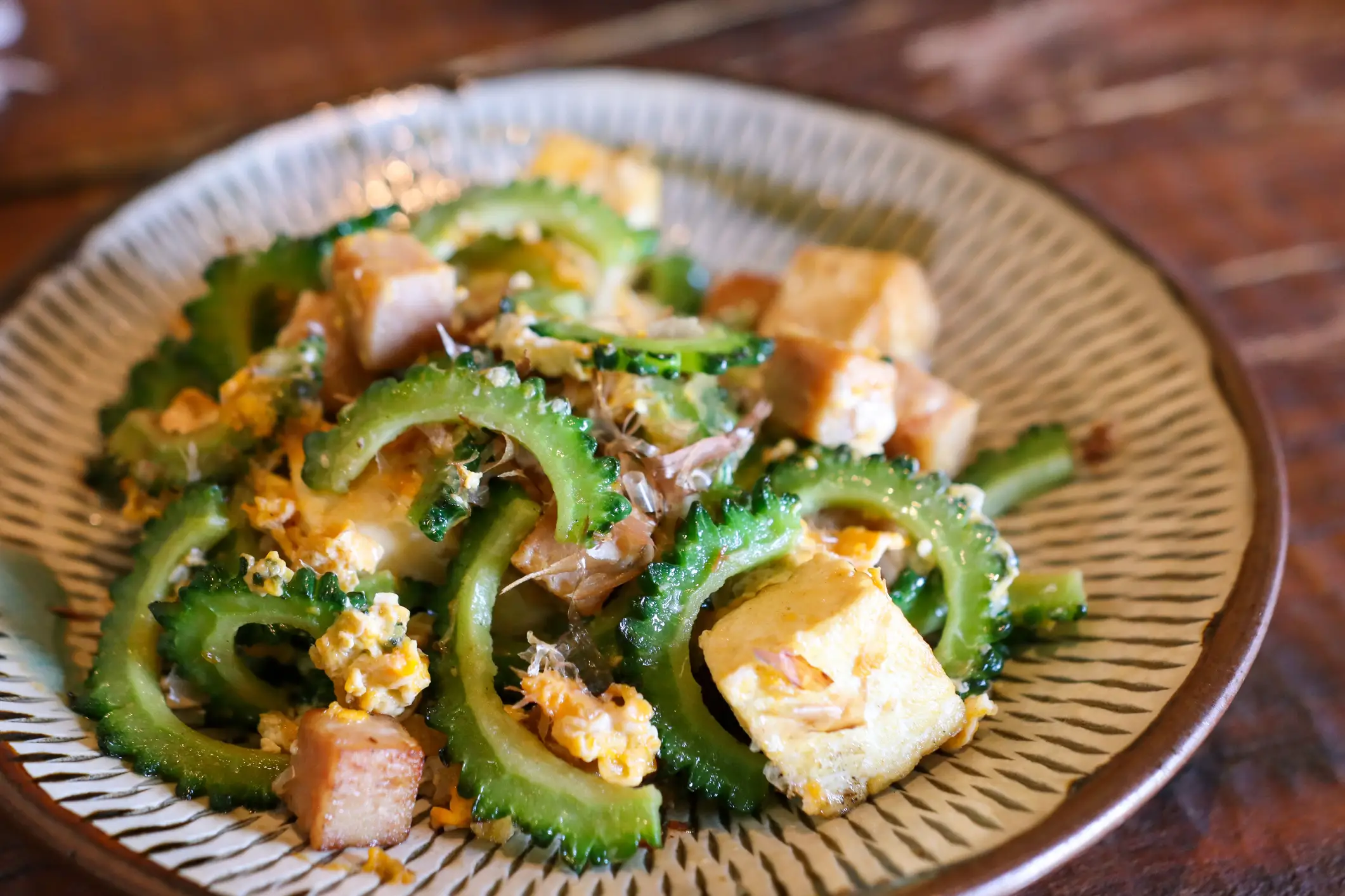 Okinawa dish goya chanpuru, which includes meat, vegetables and tofu (Getty Stock Images)