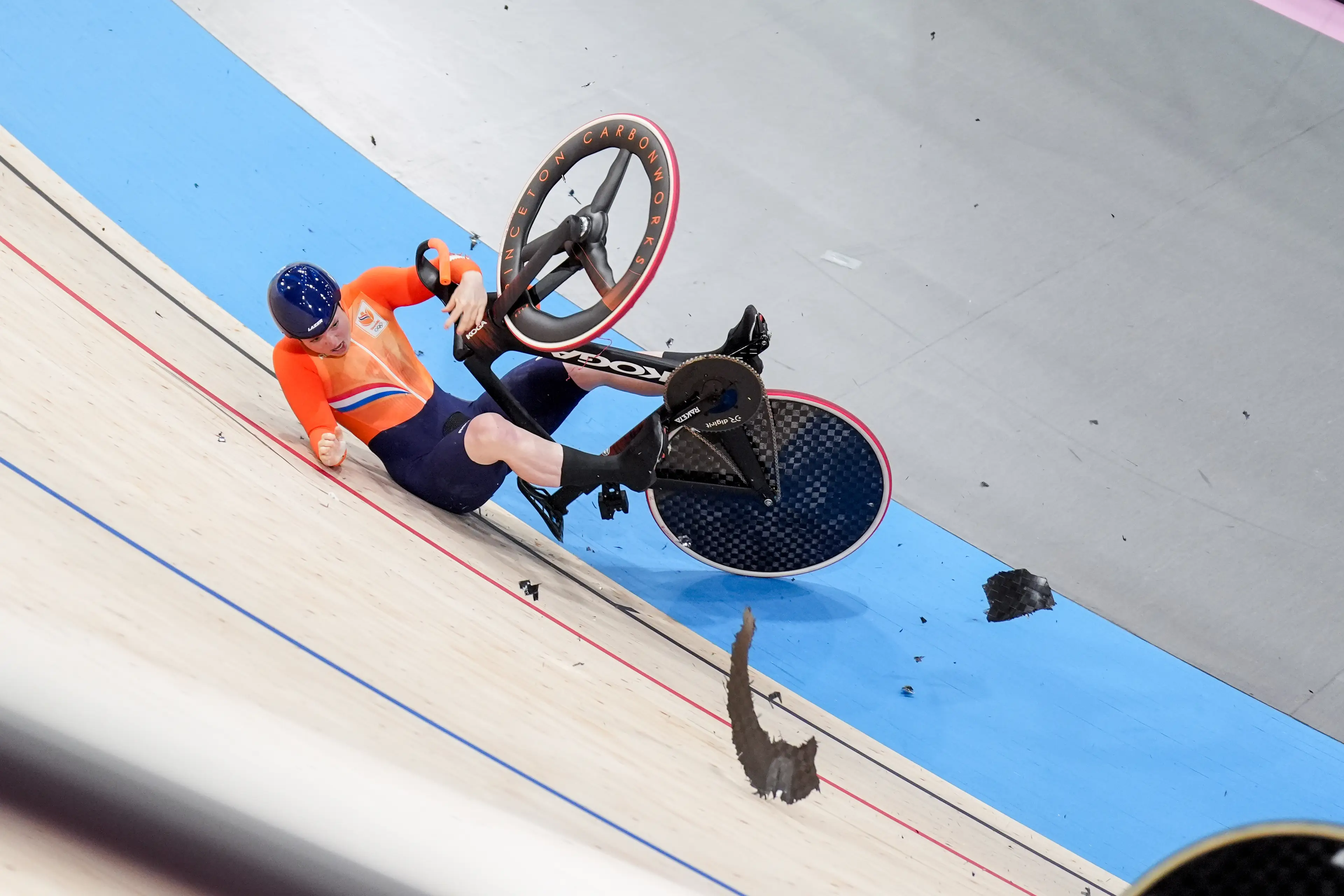 The speed of the crash sent Steffie van der Peet flying down the track. (Rene Nijhuis/BSR Agency/Getty Images)