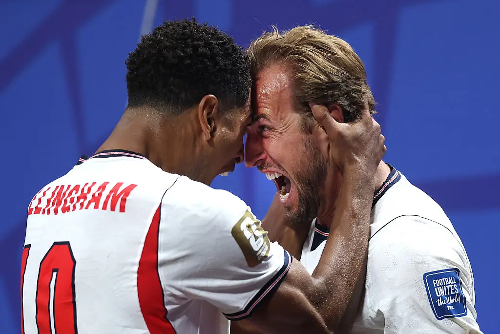 Harry Kane and Jude Bellingham celebrate the latter's goal against DR Congo (Richard Pelham/Getty Images)