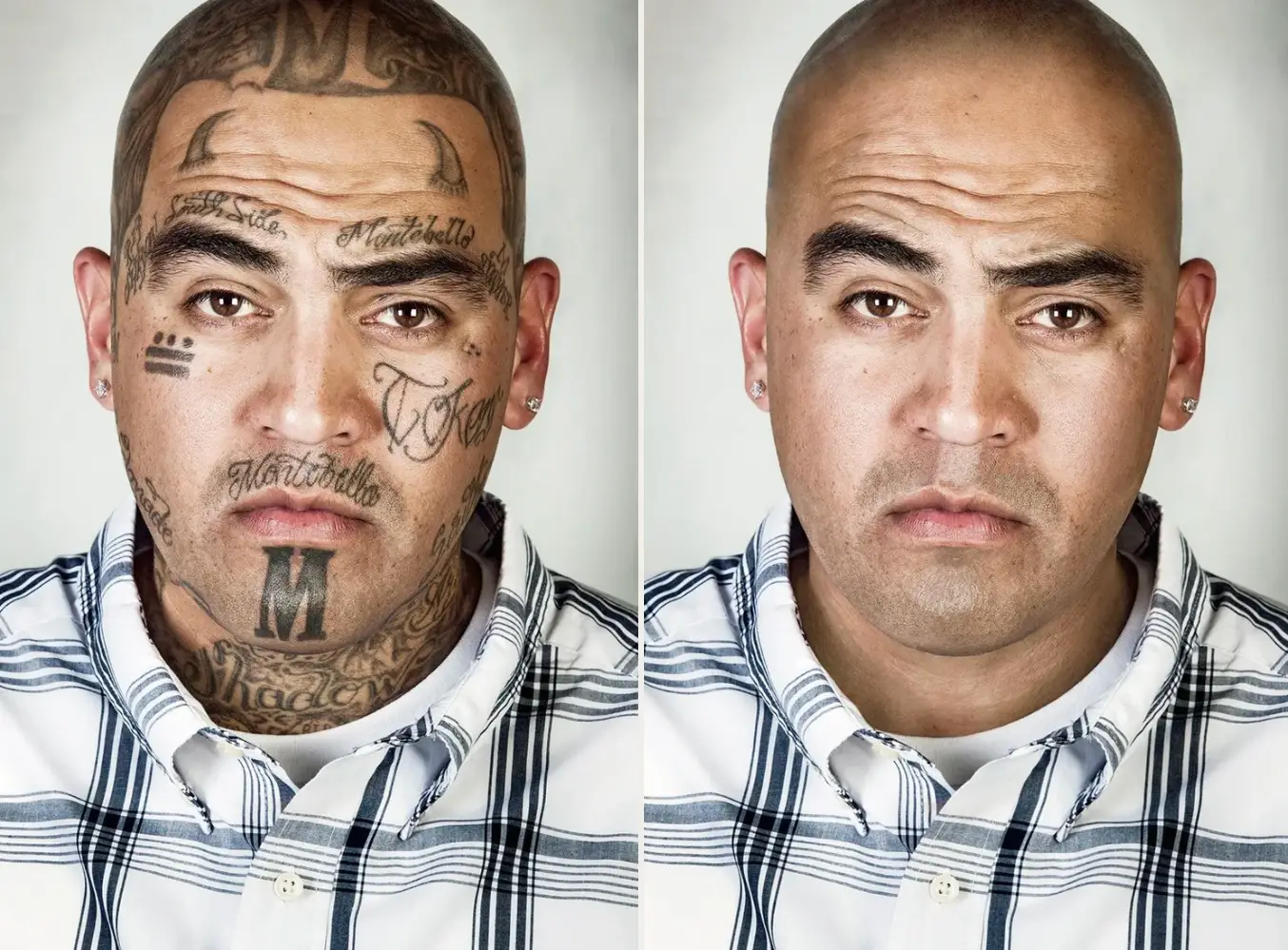 Former gang members being photographed said it 'feels completely different' to see themselves without the tattoos (Skin Deep Steven Burton)