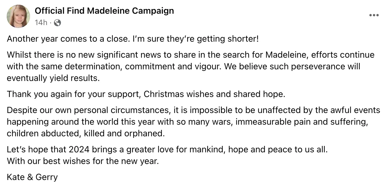 Madeleine McCann's parents shared a new year's statement.