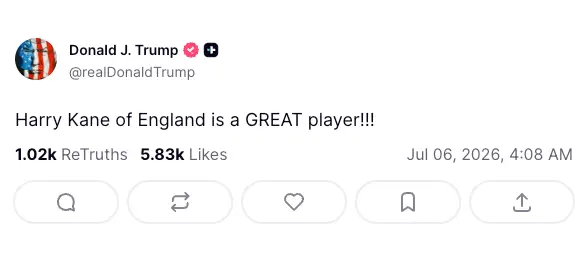 Trump's praise for Kane (Truth Social/@realDonaldTrump)