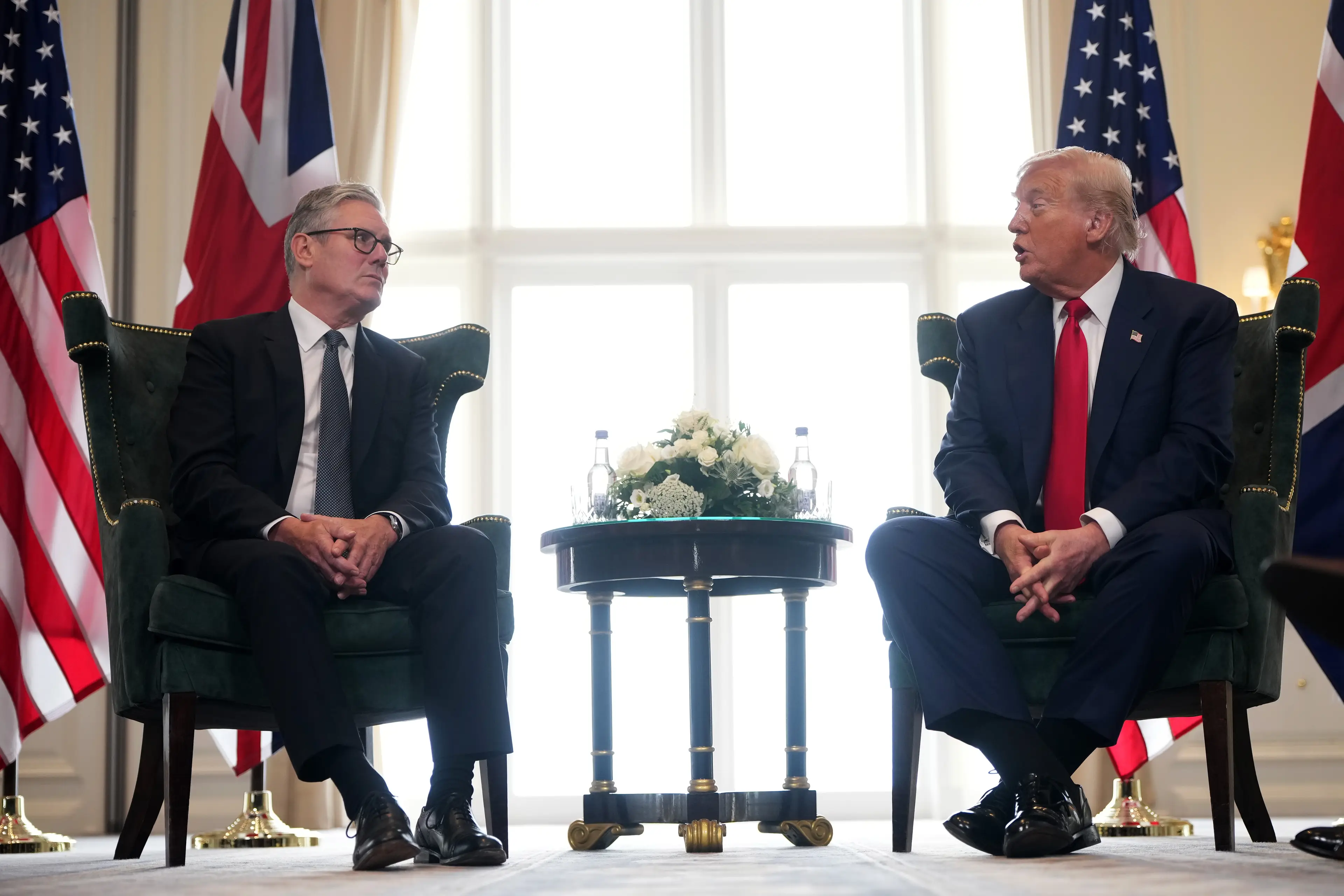 Donald Trump was in Scotland to play golf and chat with Keir Starmer, but he was asked about the Epstein files (Christopher Furlong/Getty Images)