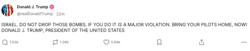 President Donald Trump has had some stern words for Israel on his social media platform (Truth Social/@realDonaldTrump)