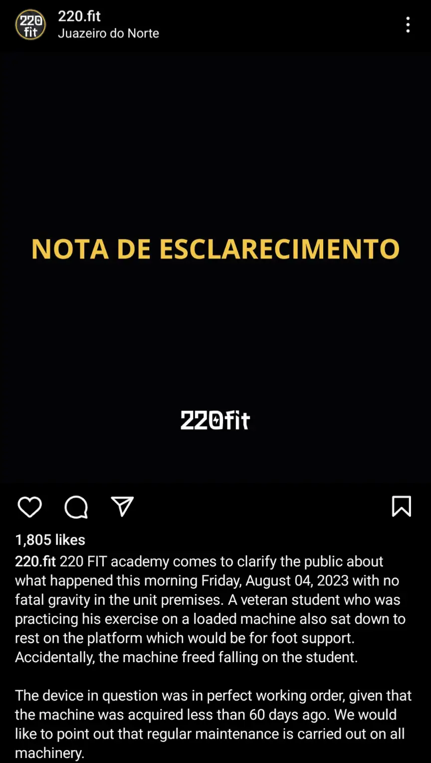 The gym has released a statement on social media.