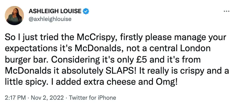 But of course, many are huge fans of the new McCrispy burger.