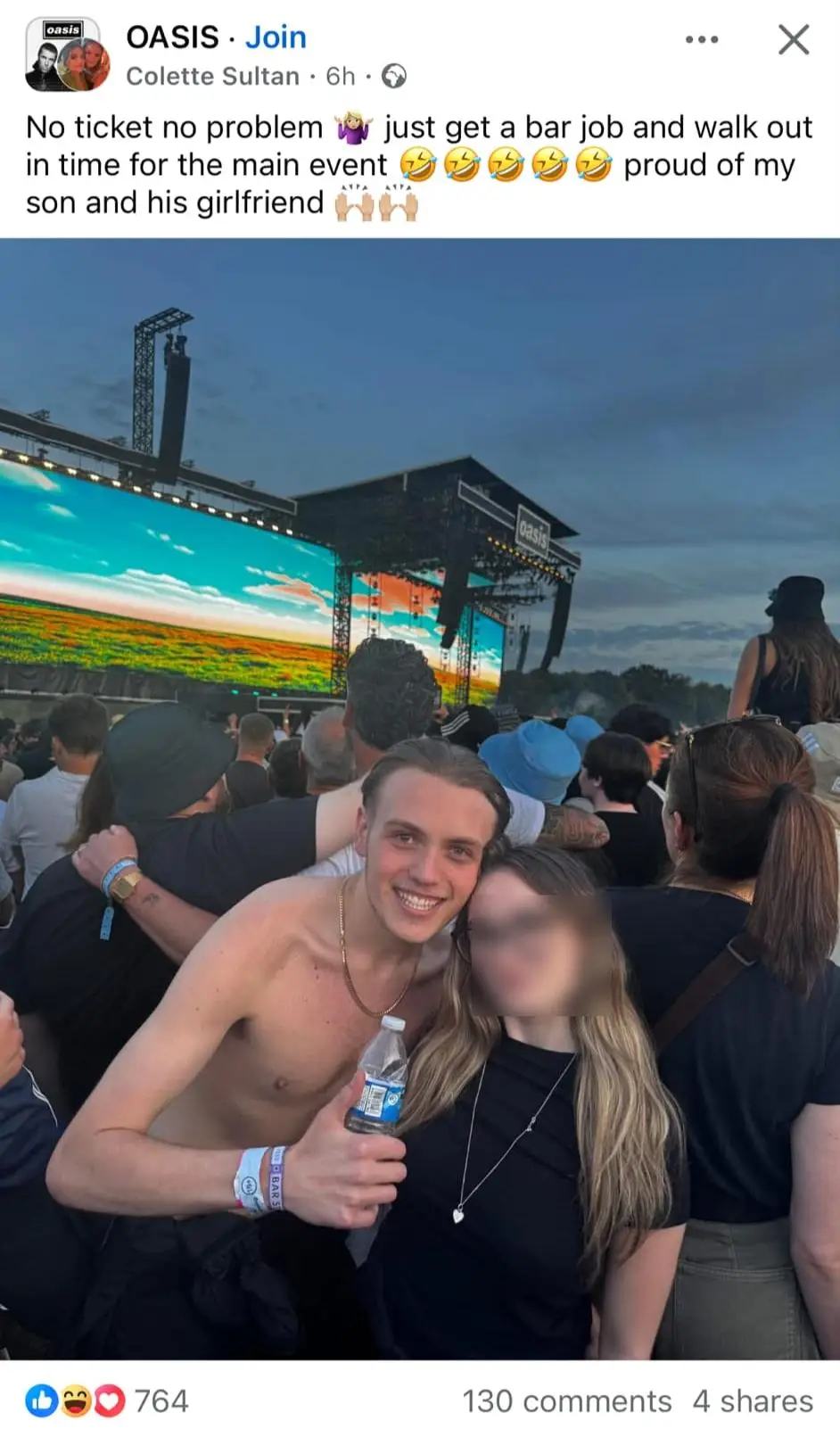 Joab and his girlfriend worked a shift and left just as Oasis came on stage. (Supplied)