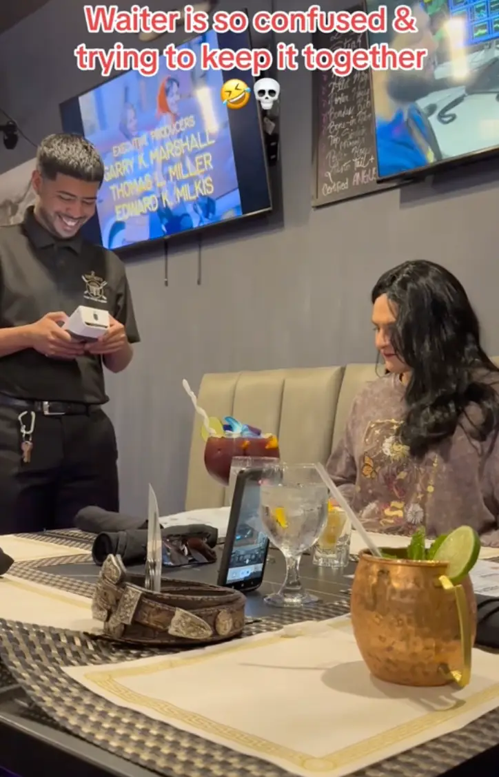 The waiter was beyond baffled by the prank.