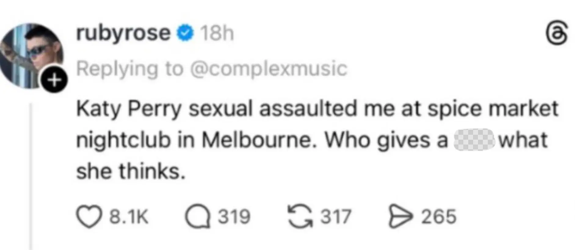 The Australian actress took to Threads to make her accusations (Threads/@rubyrose)
