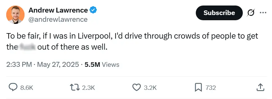 Several comedy venues have banned him after he posted this on social media (X/@andrewlawrence)