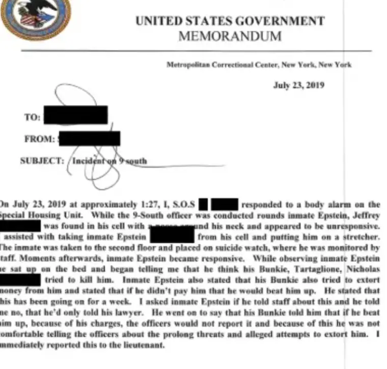 Epstein told officials that his cellmate had threatened his life (US Department of Justice)