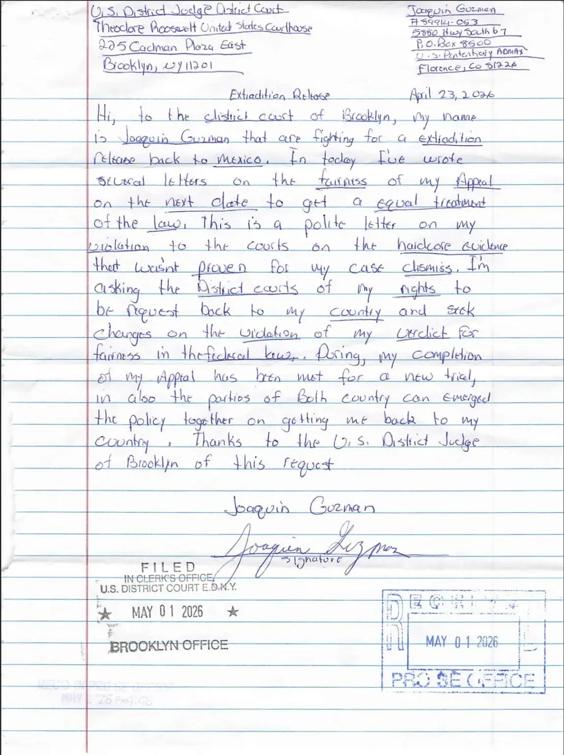 In one letter, Guzman claimed that 'the [Mexican] government was responsible for all the violence crimes' (US District Court Brooklyn)