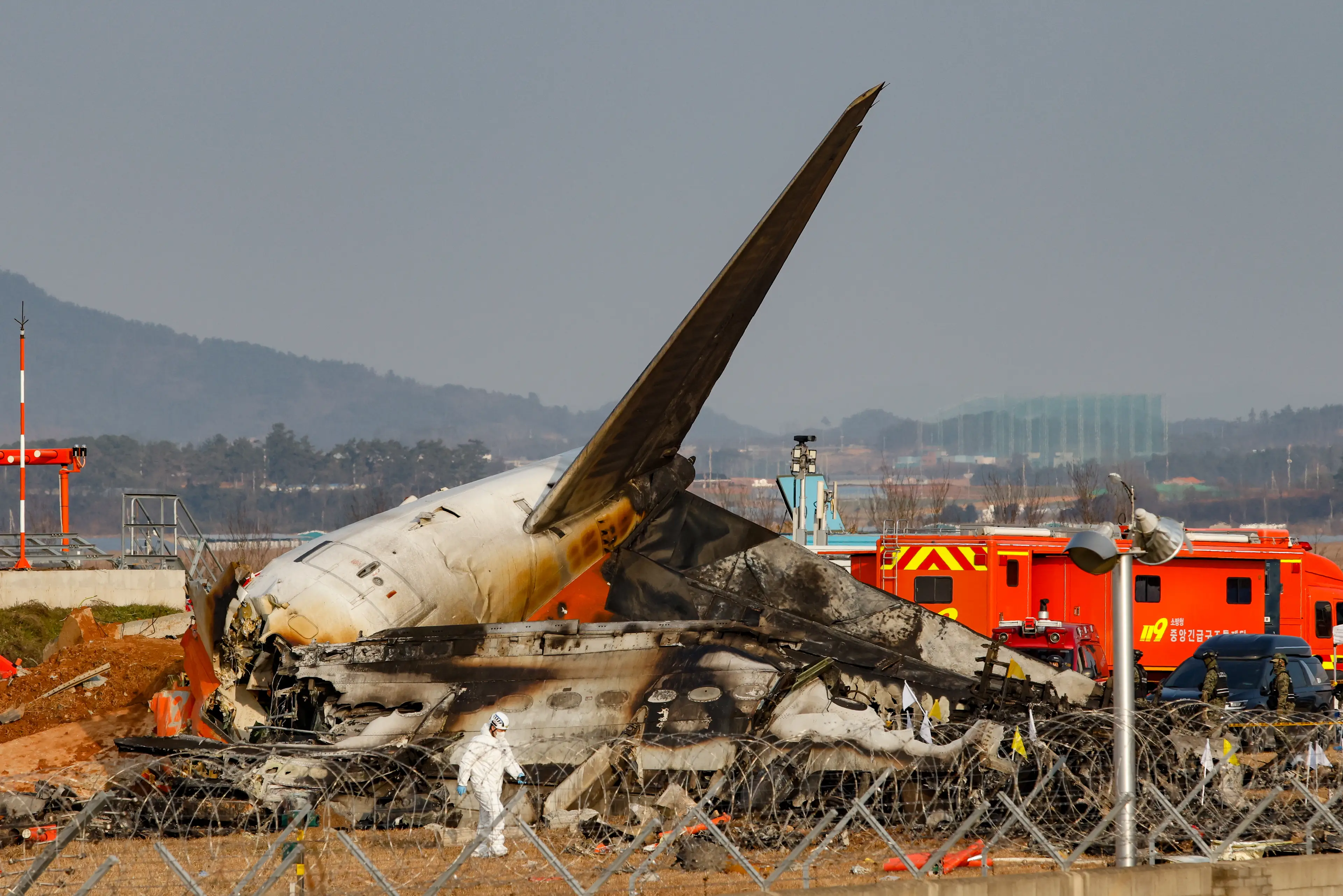 The Jeju Air plane burst into flames after smashing into a concrete wall (Chris Jung/NurPhoto via Getty Images)