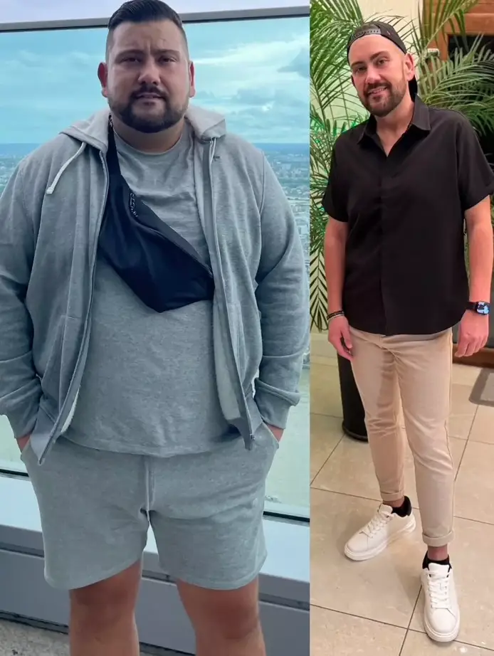Marc McKee before and after his nine stone transformation (Supplied)