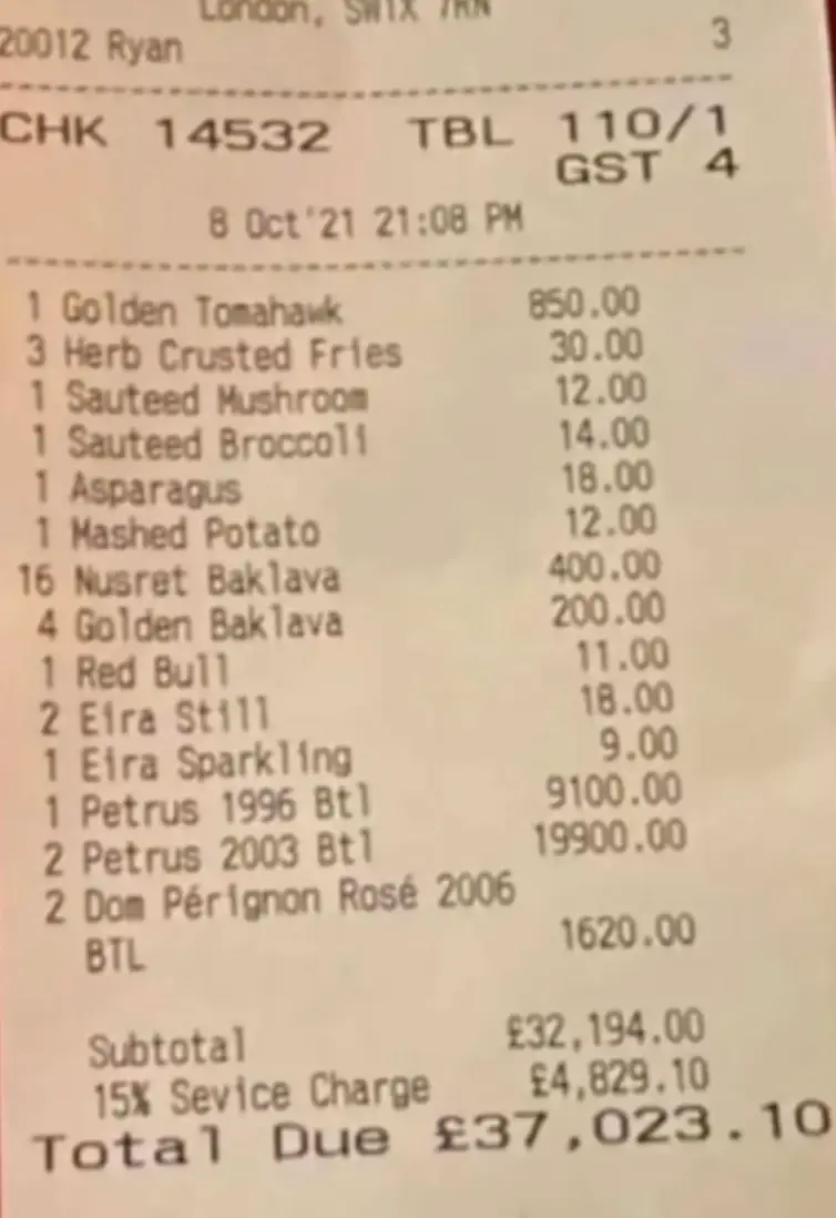 The jaw-dropping bill at Salt Bae's Nusr Et restaurant in London.