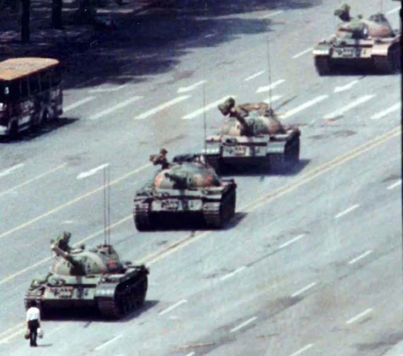 A Beijing citizen stands in front of tanks on the Avenue of Eternal Peace in this June 5, 1989.