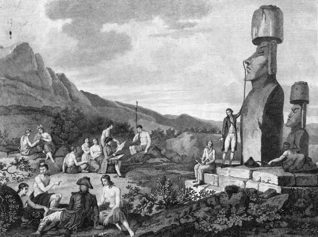 European explorers as they measure and record statues on Easter Island. (Hulton Archive/Getty Images)
