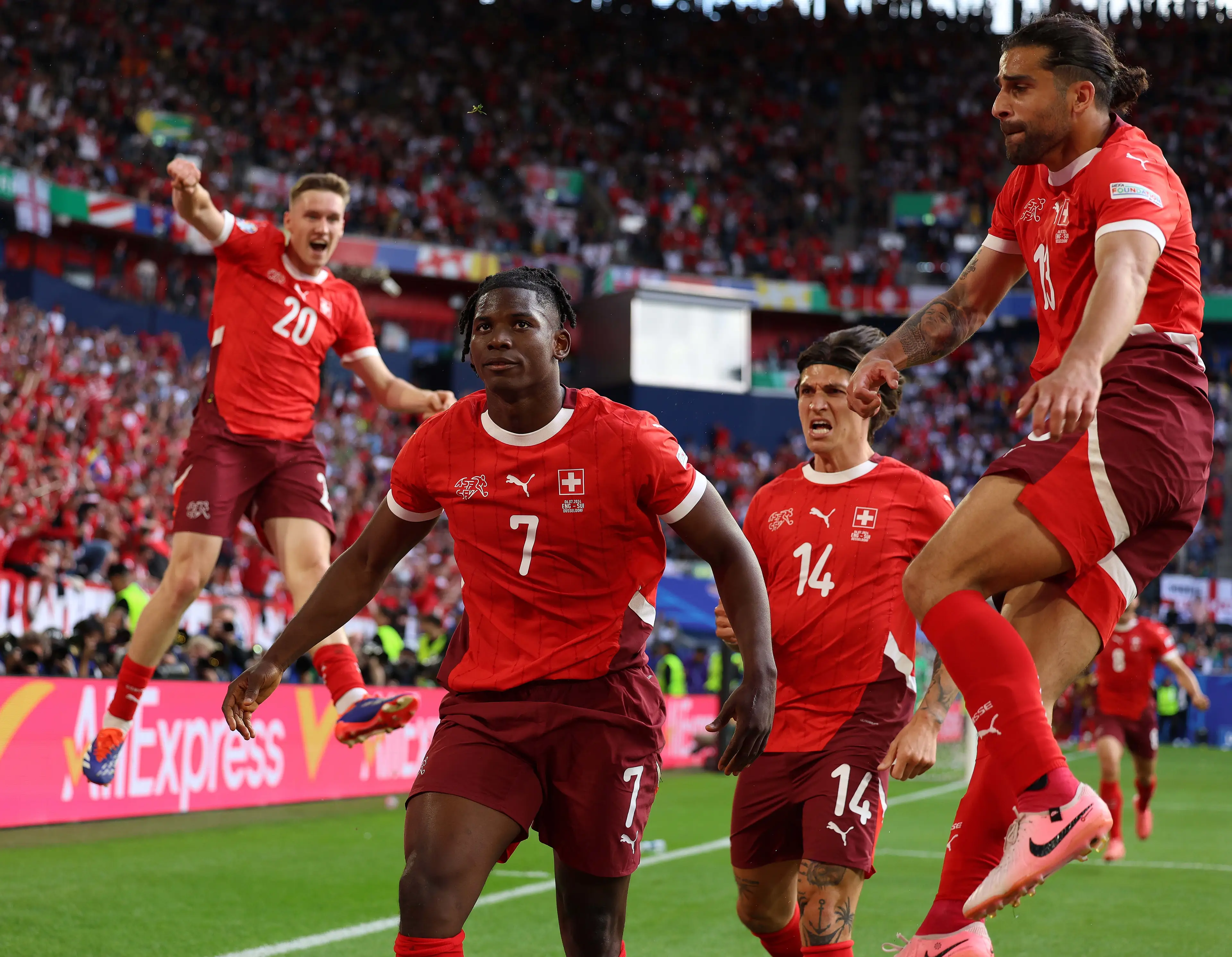 Breel Embolo celebrates his goal against England at Dusseldorf Arena on July 6, 2024 (Crystal Pix/MB Media/Getty Images)