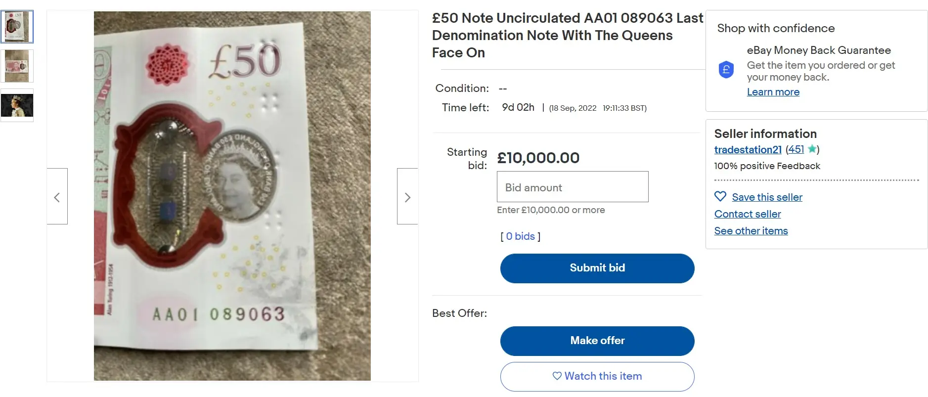 The £50 note listed for £10,000.