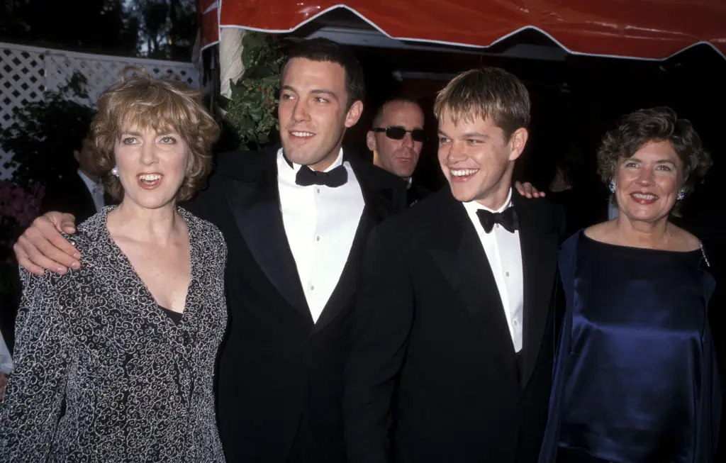 Ben and Matt Damon were joined by their mothers at the Oscars in 1998 (Photo by Ron Galella, Ltd./Ron Galella Collection via Getty Images)