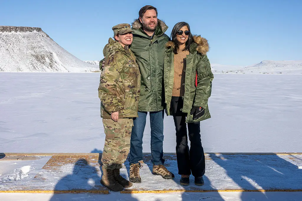 Colonel Susan Myers (left) pictured with JD Vance and his wife Usha during their visit to Greenland (JIM WATSON/POOL/AFP via Getty Images)