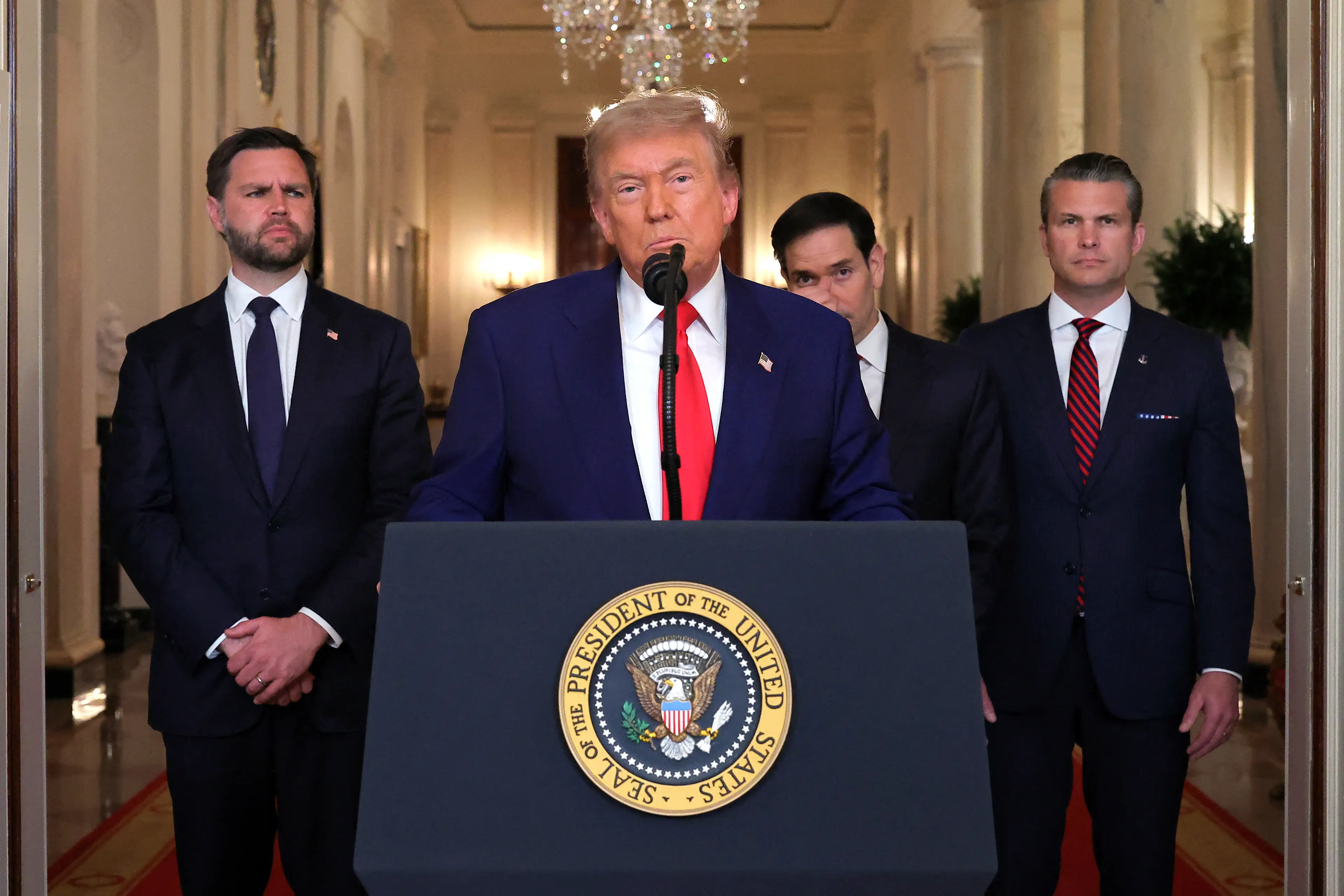 Pete Hegseth praised President Trump for the supposed success of Operation Midnight Hammer (CARLOS BARRIA/POOL/AFP via Getty Images)
