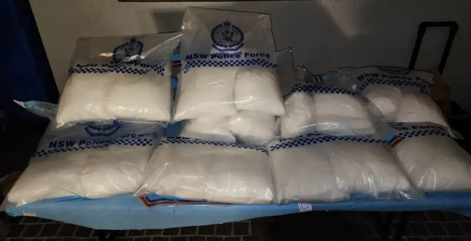 Cops found 105kg of drugs in the boot of the rental car which allegedly was hired by Farrelly (New South Wales Police)