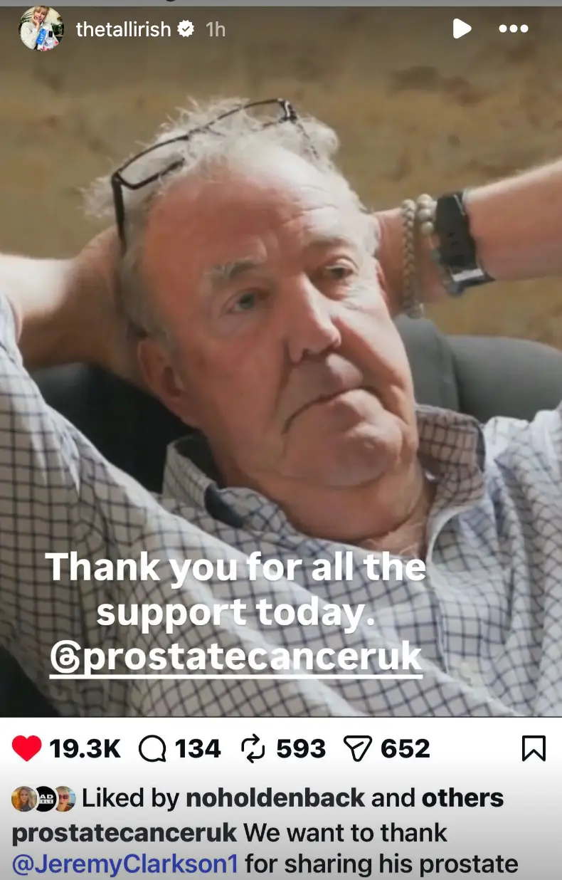She also thanked Prostate Cancer UK for sharing Clarkson's story (Instagram/@thetallirish)